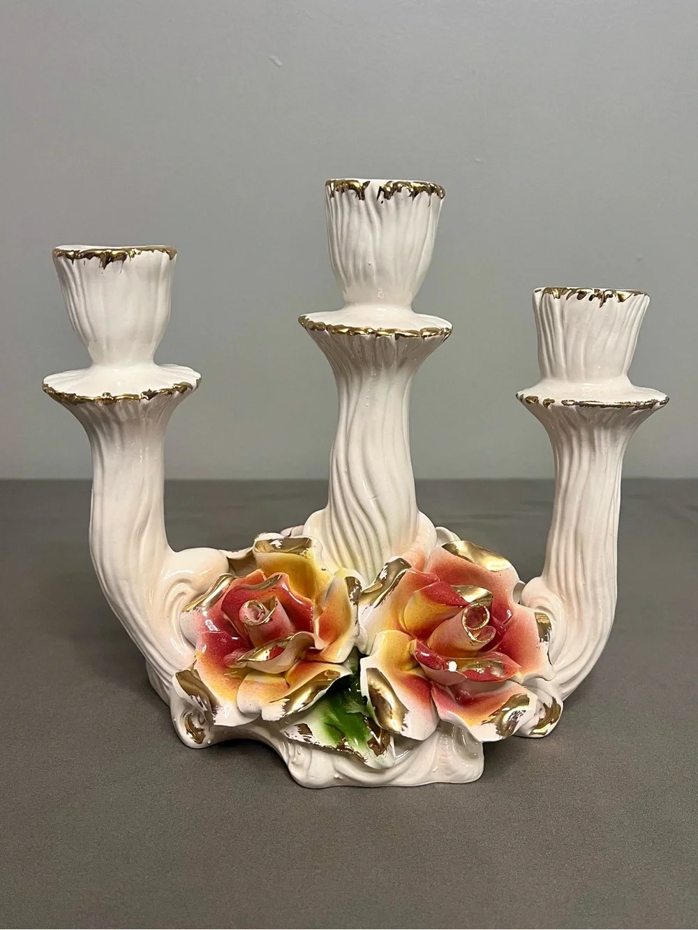 Capodimonte Porcelain 3 Arm Candelabra W/ 3D Floral Design Both Sides